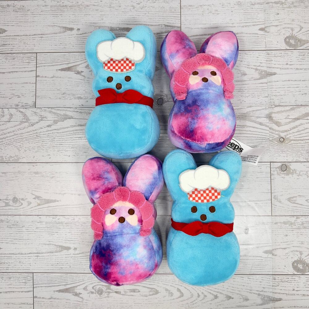 (4) Peeps Bunny Plush Toys 6" Blue Chef & Multi-Colored Tie-Dye - NWOT